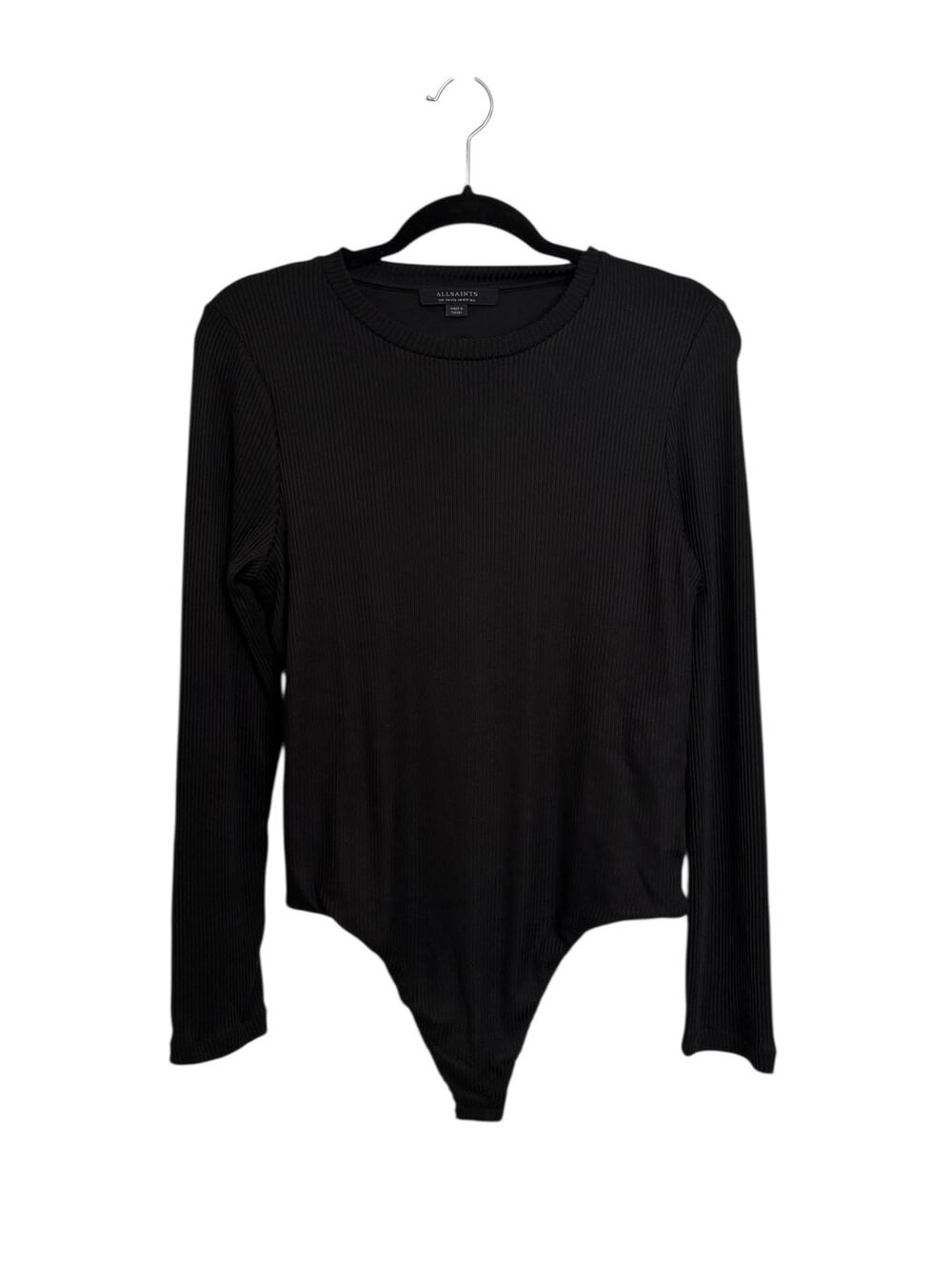 AllSaints Bodysuit Womens US 10 Molly Long Sleeve Black Ribbed Open Back NWOT
